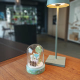Enzo De Gasperi, teca/lampada con volpe verde con led, vetro e legno, diametro 8 cm