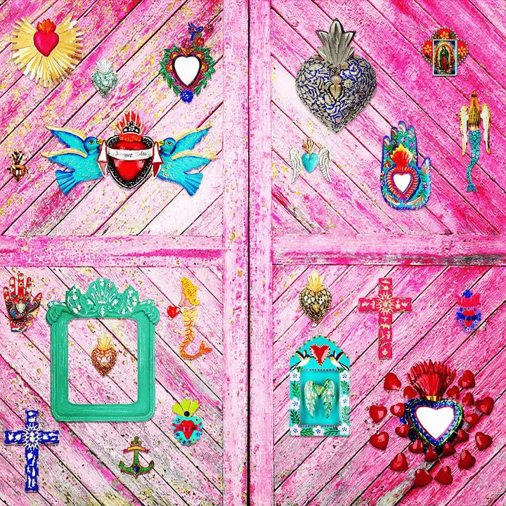 Pink Pampas, Cuore ex voto messicano artigianale in metallo raggi oro