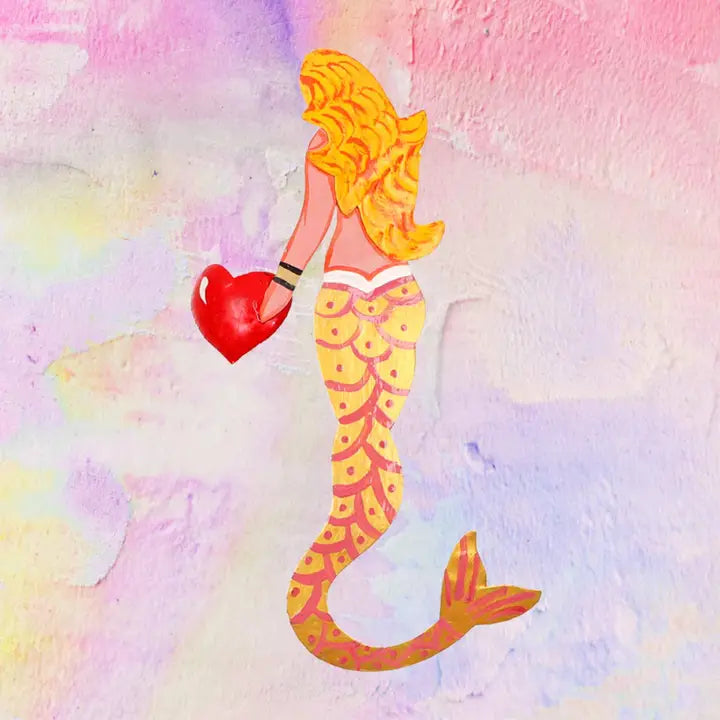 Pink Pampas, Sirena gialla con cuore da parete artigianale messicana in latta