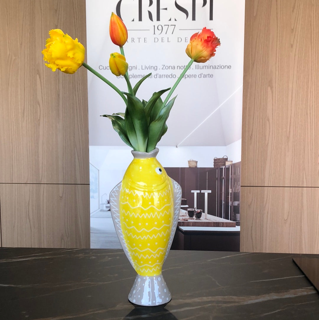 Enzo De Gasperi, vaso pesce h26x13x8, waterproof, ceramica lucida beige/giallo