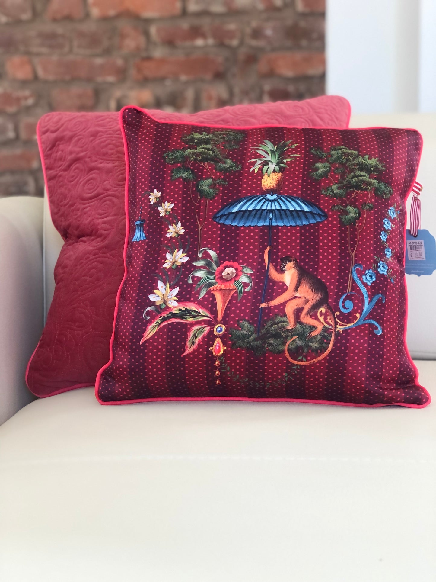 Pip Studio, cuscino Singerie Blushing Birds rosso, 40x40 cm, cotone