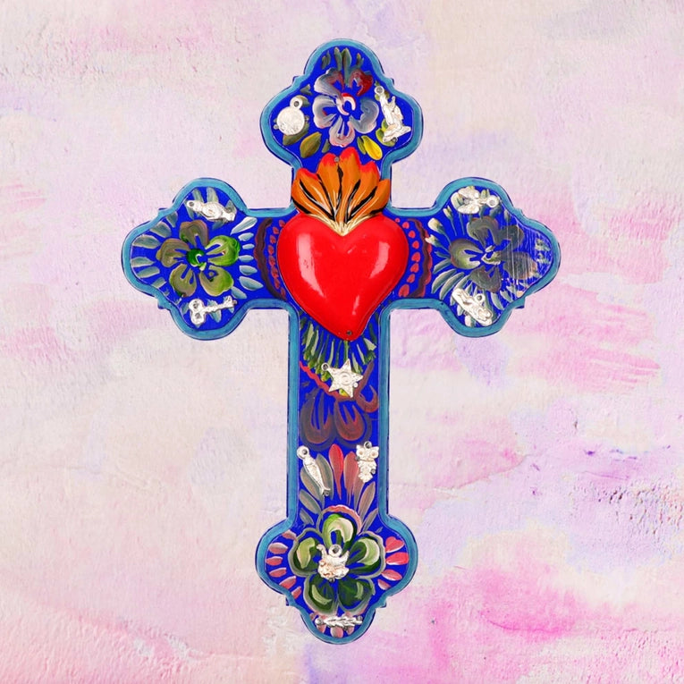 Pink Pampas, Croce Folk Ex Voto messicana artigianale in legno con cuore