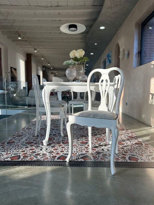 Set tavolo 180x90 cm con 6 sedie Classic Barocco bianco lucido