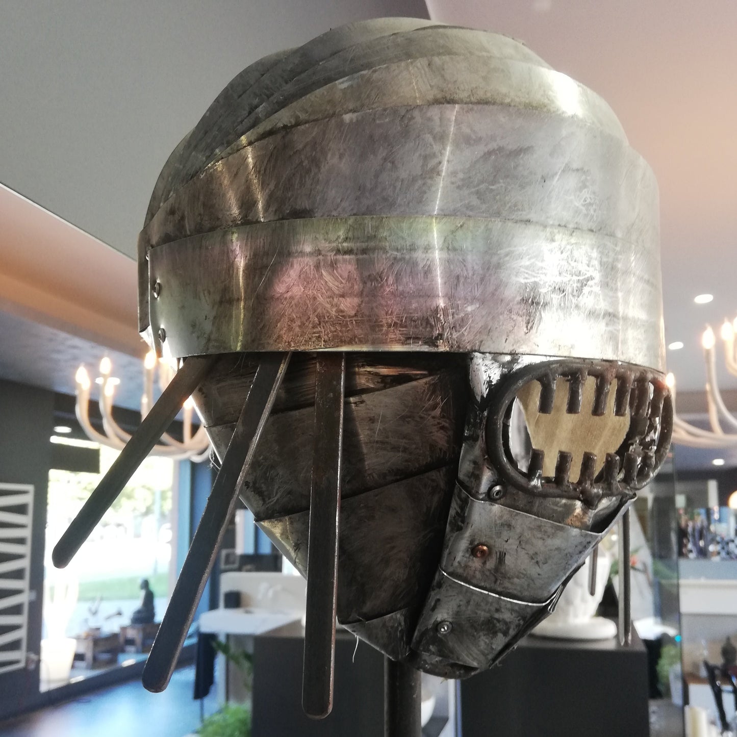 Paolo Fiorellini, "Fish" mask, Ecce Homo, aluminum and jute cloth, 30x180