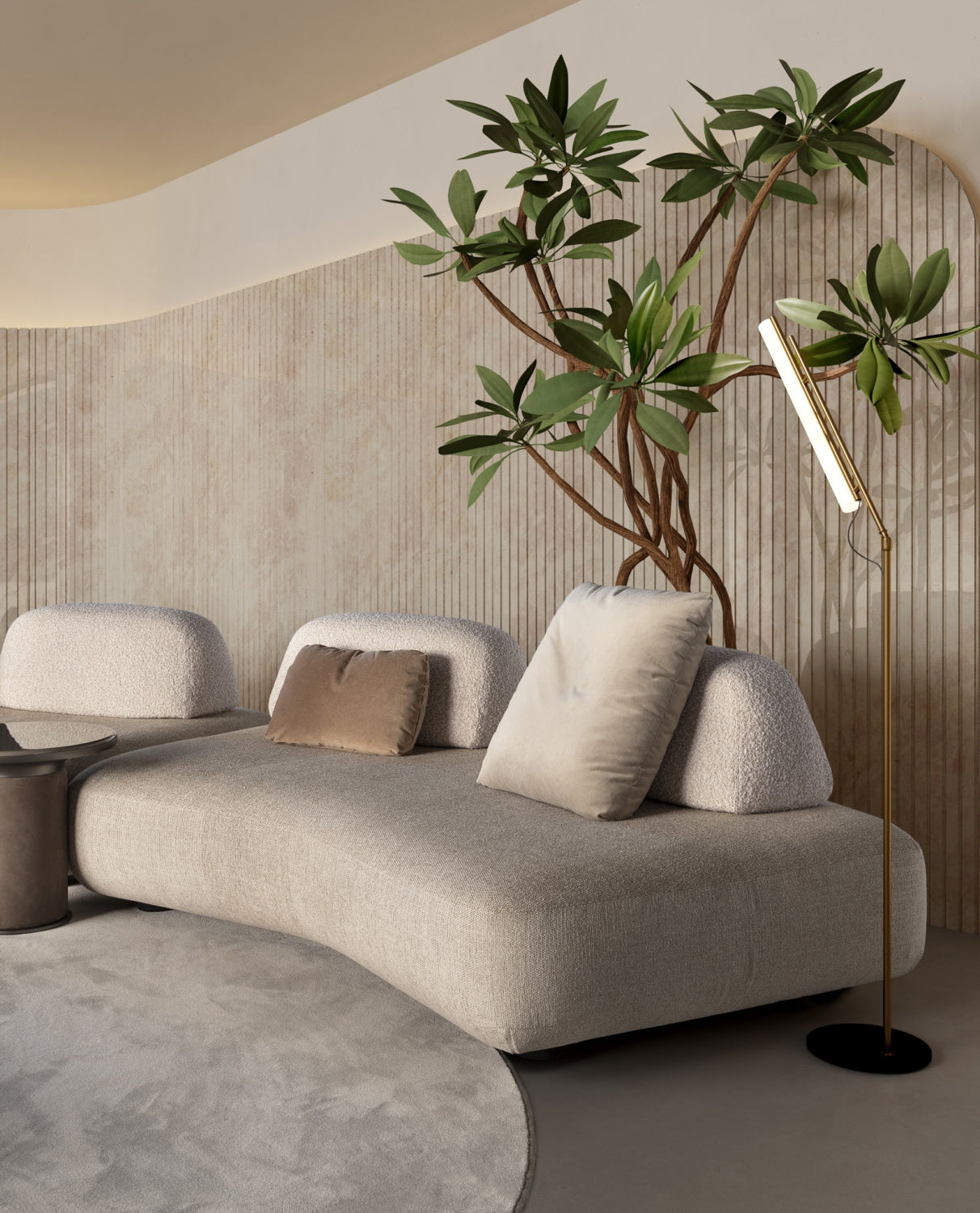 Art Nova, divano Curve tessuto beige con schienali mobili e chaise longue