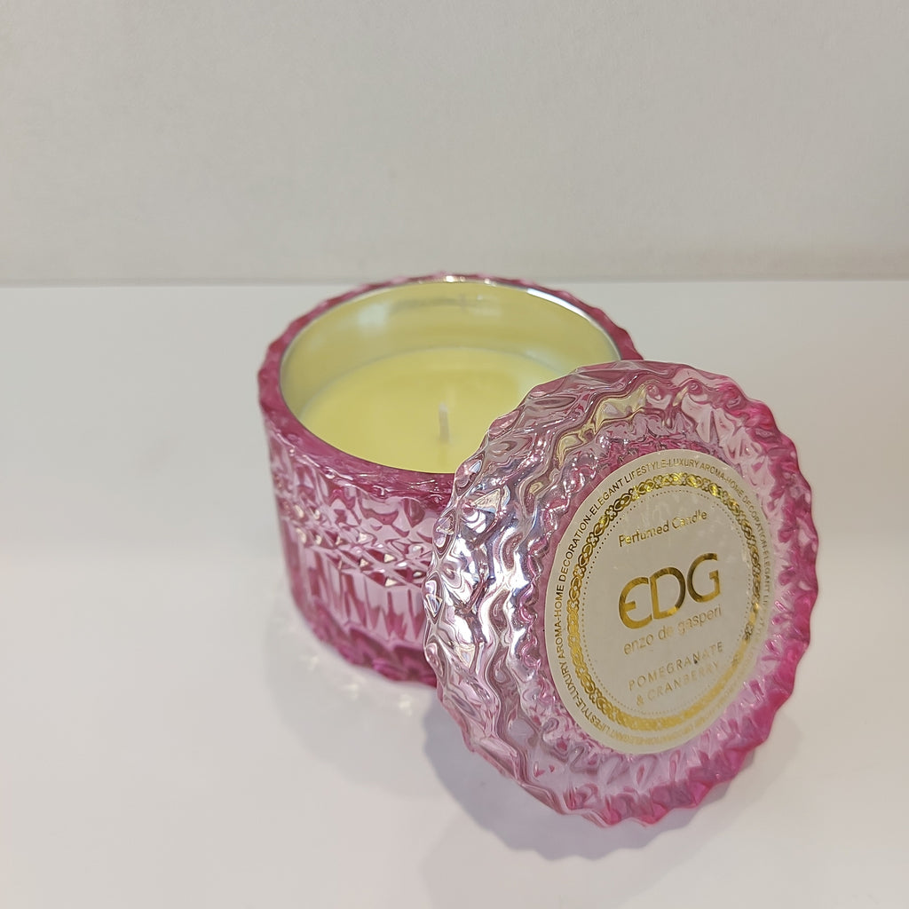Enzo De Gasperi, candela profumata Crystal MELOGRANO e MIRTILLO con contenitore in vetro e coperchio rosa, durata 30 ore, h 8,5 x d 9 cm