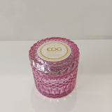 Enzo De Gasperi, candela profumata Crystal MELOGRANO e MIRTILLO con contenitore in vetro e coperchio rosa, durata 30 ore, h 8,5 x d 9 cm