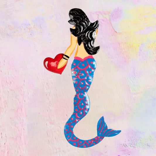 Pink Pampas, Sirena blu con cuore da parete artigianale messicana in latta