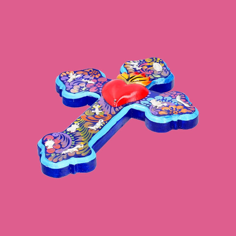 Pink Pampas, Croce Folk Ex Voto messicana artigianale in legno con cuore