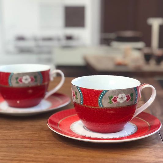 Pip Studio, set 2 tazze con piattino per capuccino/tè Blushing Birds rosse, h7,5 x d16,5, porcellana