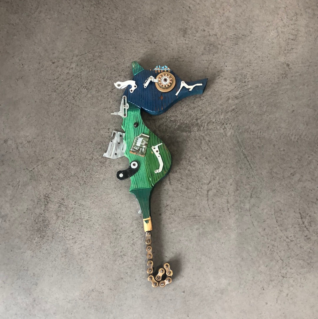 Artestò, Seahorse Blue head chain, wood and scrap mechanical parts, 40x25x5 cm