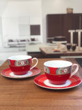 Pip Studio, set 2 tazze con piattino per capuccino/tè Blushing Birds rosse, h7,5 x d16,5, porcellana