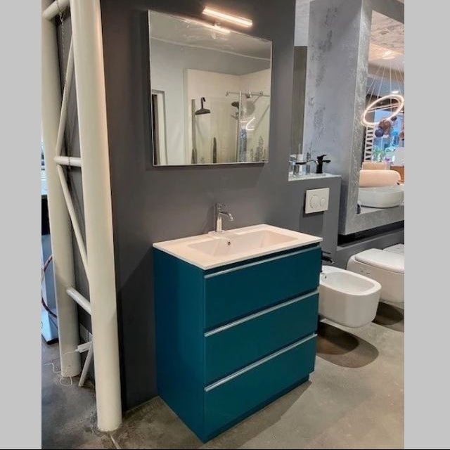 Ideagroup, mobile lavabo a terra System laccato opaco blu rana con top + lavabo integrato in Mineralsolid bianco opaco L80 cm