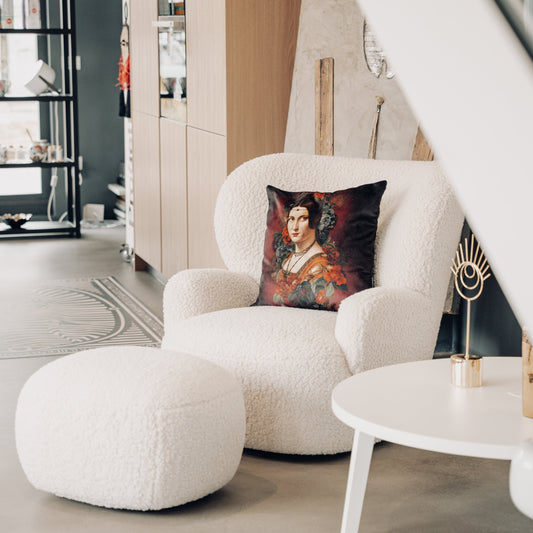 Gervasoni, Loll 09 swivel armchair with Loll 08 pouf, covered in bear-polar fabric, Paola Navone, LOL009FCD / LOL008FCD