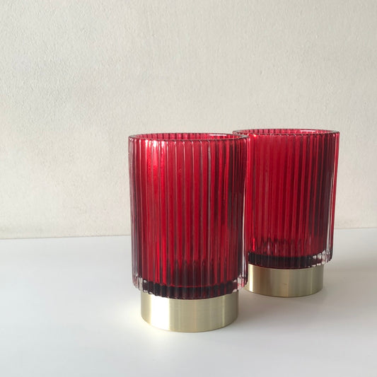 Enzo De Gasperi, striped bordeaux cylindrical candle holder with brass base, h13xd9 cm