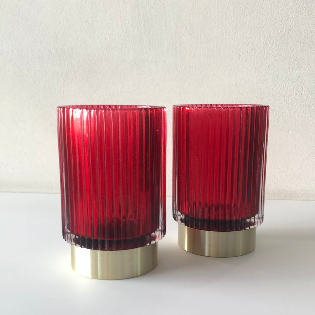 Enzo De Gasperi, striped bordeaux cylindrical candle holder with brass base, h13xd9 cm