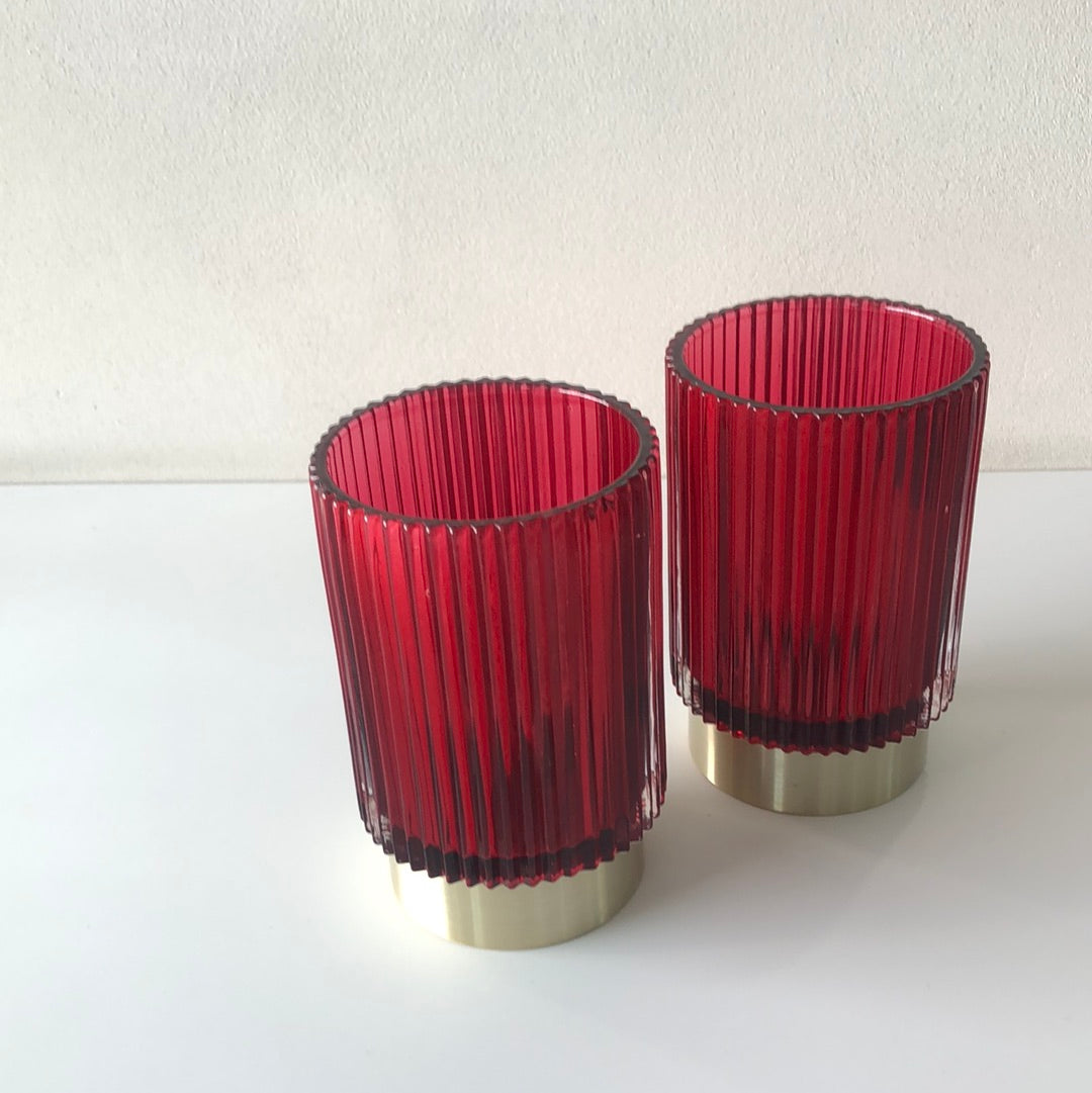 Enzo De Gasperi, striped bordeaux cylindrical candle holder with brass base, h13xd9 cm