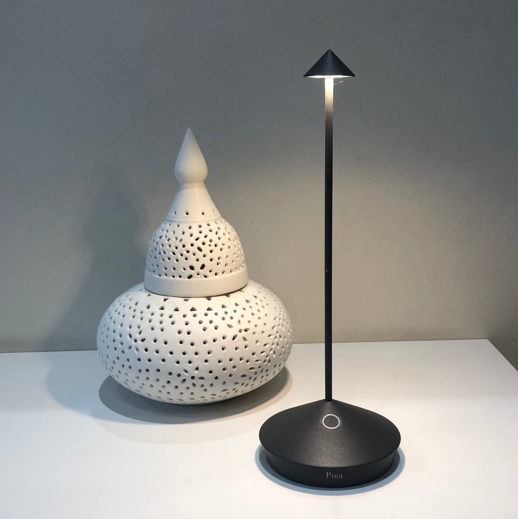 Zafferano, lampada Pina PRO tavolo grigio scuro con base ricarica wireless