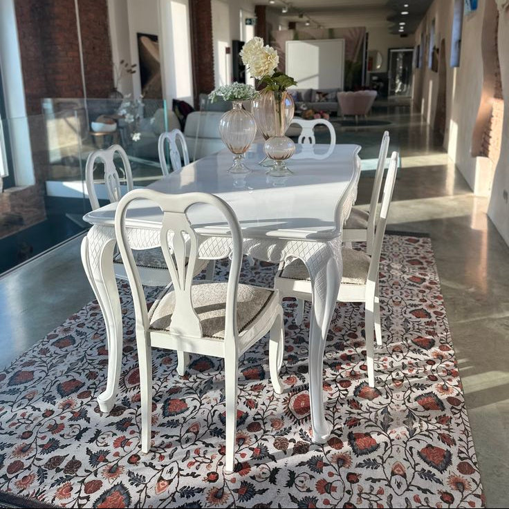 Set tavolo 180x90 cm con 6 sedie Classic Barocco bianco lucido