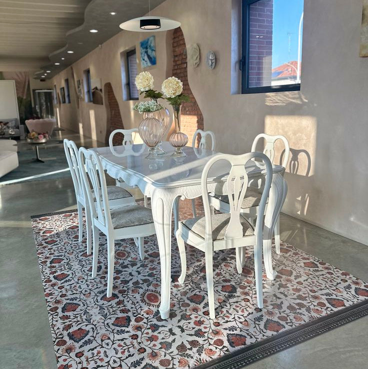 Set tavolo 180x90 cm con 6 sedie Classic Barocco bianco lucido