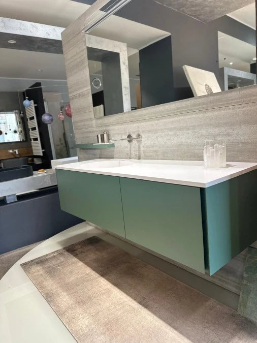 Casabath, mobile lavabo S40 laccato opaco malva e top Monolith bianco opaco L160cm con colonna rovere nordic H180 cm