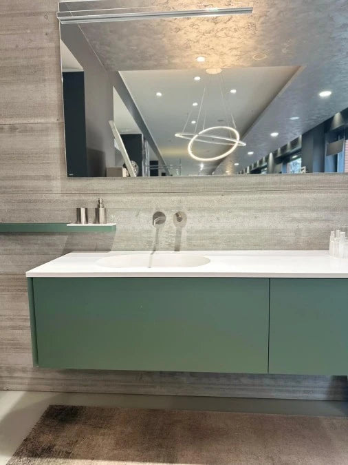 Casabath, mobile lavabo S40 laccato opaco malva e top Monolith bianco opaco L160cm con colonna rovere nordic H180 cm