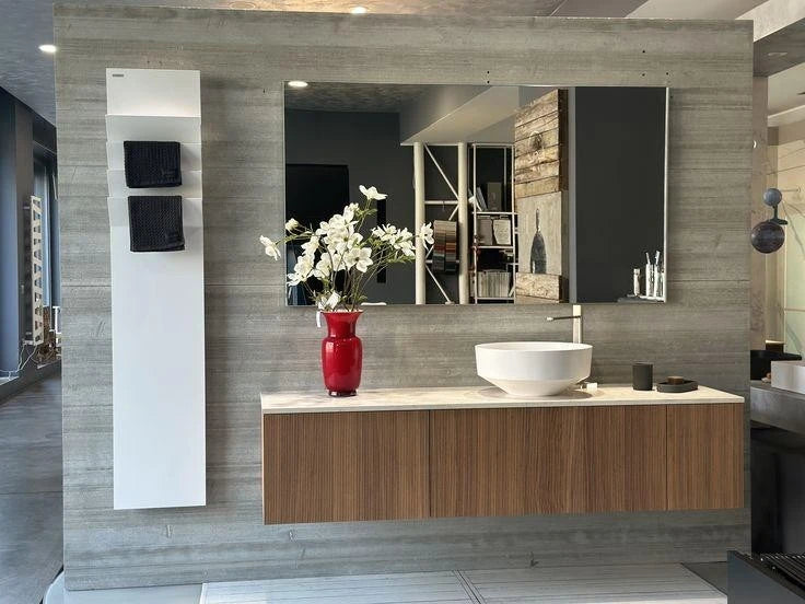 Casabath, mobile lavabo XS dogato noce walnut, top marmo cresma di luna e lavabo in appoggio in Monolith