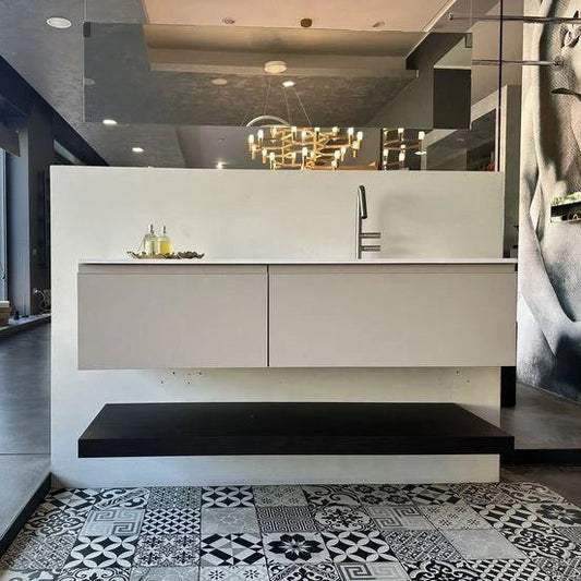 Ideagroup, mobile lavabo Mytime nobilitato grigio sabbia e top mineralsolid bianco opaco con lavabo integrato