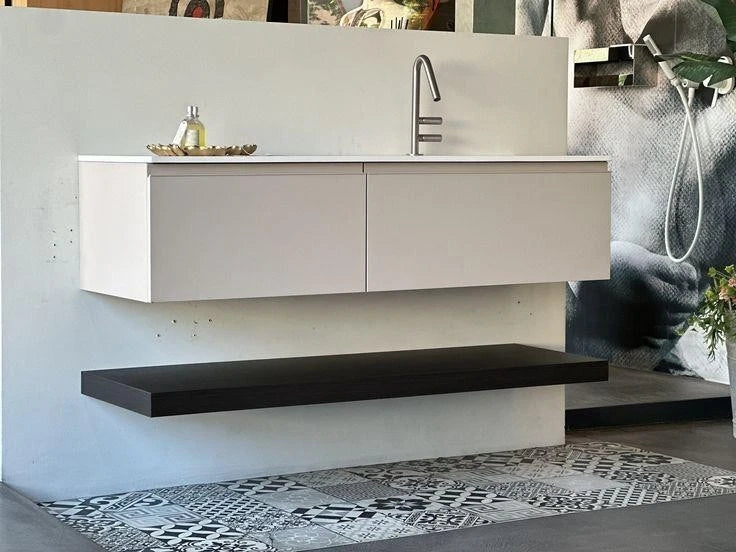 Ideagroup, mobile lavabo Mytime nobilitato grigio sabbia e top mineralsolid bianco opaco con lavabo integrato