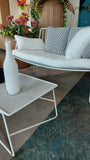 Serax, divanetti outdoor di Paola Navone con cuscini e tavolini, collezione Fish & Fish, metallo verniciato bianco