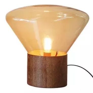 Brokis, lampada da terra Muffin S, PC850, vetro ambra e legno di quercia con cavo giallo, 306x530x506 cm