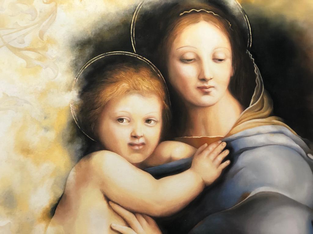 Dorta Raffaella, painting "Madonna with Child", oil on canvas and mixed media, 120x70