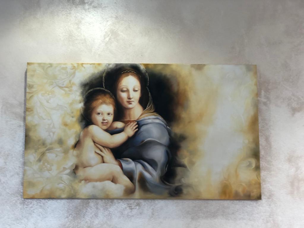 Dorta Raffaella, painting "Madonna with Child", oil on canvas and mixed media, 120x70