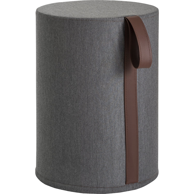 Ever life design, water-resistant Roll pouf / stool, waterproof steel gray melange fabric and brown handle