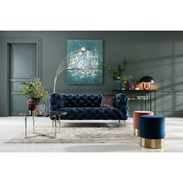 Kare, pouf "Cherry Blue", velluto blu ed ottone, 42x35x35