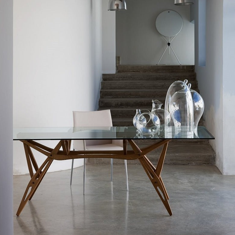 Zanotta, tavolo Reale 90x180 cm, designer Carlo Mollino, base legno tinta noce e ripiano in vetro